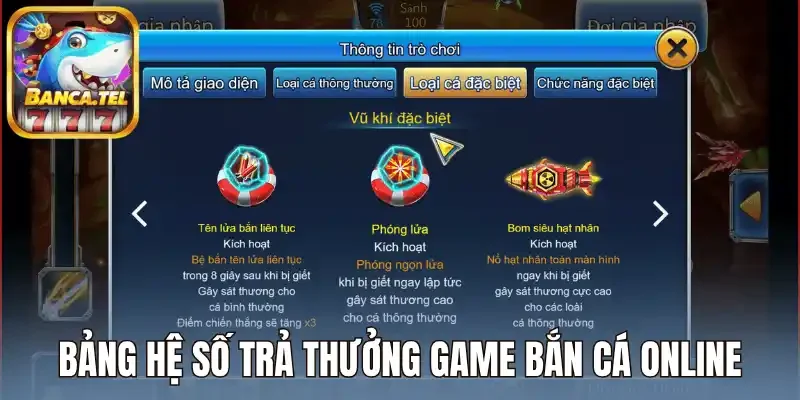 Bảng hệ số trả thưởng game bắn cá online